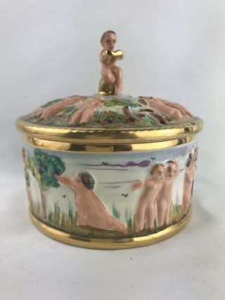 Vintage Ceramic Candy Dish With Nude Children Reading Book Handle Lid 5”d