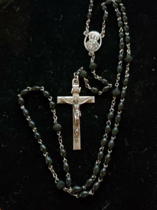 Vintage Made In France Sterling Silver Rosary Jet Black Beads
