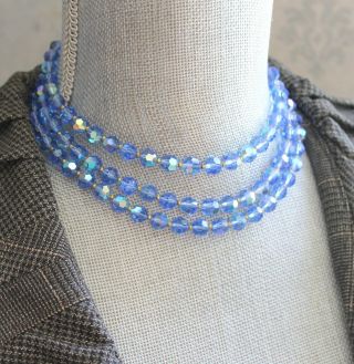 Vintage Double Strand Graduated Bright Blue Ab Crystal Beaded Necklace