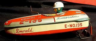Tin Friction Speed Boat Toy Vintage " Emerald E - 135 " Rare Japan Green 9 " Long