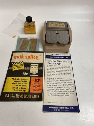 Vintage Mansfield Dri - Splice Film Splicer For 8mm & 16mm Film & Kodak Film Glue