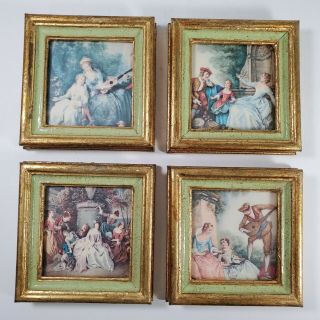 Vintage Gold Wood Framed Art Prints Of Victorian Age Women & Men - Made In Italy