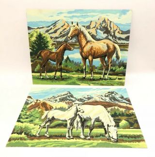 Vintage Set Of 2 Paint By Number Horses Unframed 16 " X 12 " Snowy Mountains