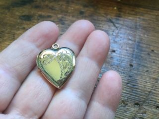 Antique Vintage Etched Heart Shaped Locket Pendant With Gold Wash Over Sterling
