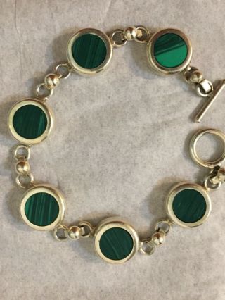 Vintage Mexico Taxco? Sterling Silver Green Malachite Round Link Bracelet 7” 24g