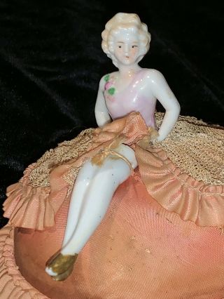 Vintage Porcelain German Half Doll With Legs And Pincushion Deco Flapper Girl