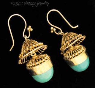 Vintage Gold Plated Sterling Silver Cage Wire Lantern Turquoise Dangle Earrings