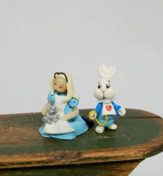 Vintage Clay Alice In Wonderland & White Rabbit Artisan Dollhouse Miniature