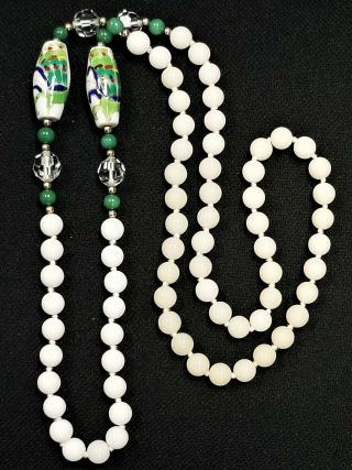 Vintage Chinese White Glass,  Crystal Jade & Hand Painted Porcelain Necklace 32 "