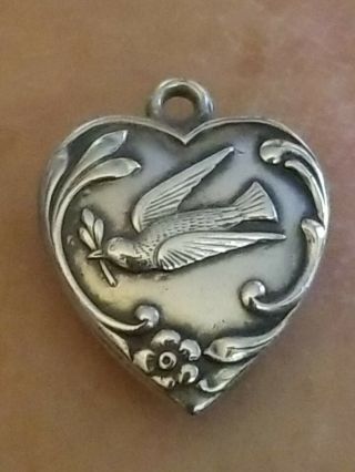 Vtg Sterling Silver Repousse Puffy Heart Charm Flying Dove Of Peace