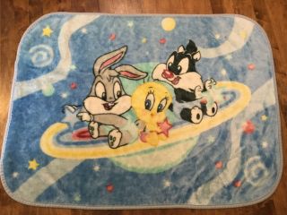 Vtg Baby Looney Tunes Plush Bugs Bunny/tweety/sylvester Space Blanket