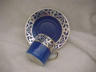 Vintage Rosenthal Sterling Silver Overlay On Blue Espresso Cup & Saucer - -