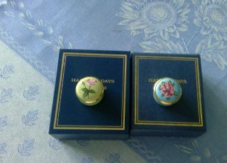 Two Vintage Halcyon Days Enamel Box With Case,  Very Small 5/8 " H X 1 " D