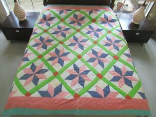Signed Vintage Hand Pieced & Quilted Eight Point Star All Cotton Quilt; 78 " Sq