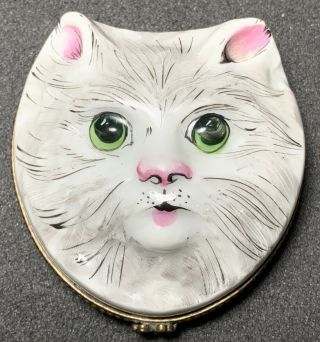 Limoges France Peint Main Cat / Kitten Full Face Porcelain Trinket Box Vintage