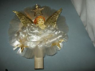 Vintage 1950 ' S Christmas Angel Tree Topper w/Spun Glass Foil Wings & Stars 2