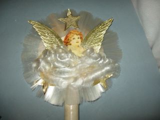 Vintage 1950 ' S Christmas Angel Tree Topper w/Spun Glass Foil Wings & Stars 3