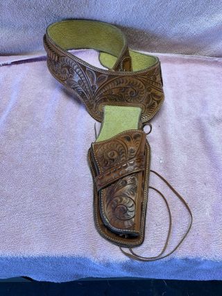 Vintage 22 Cal Tooled Leather Cowboy Gun Holster & Belt
