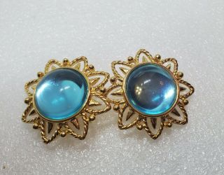 Vintage Trifari Gold Tone Blue Moonglow Glass Flower Clip Earrings