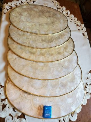 Vintage Capiz Shell Placemats,  Mother Of Pearl Oval Cork Backed,  6 Total
