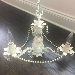 White/cream Vintage Shabby Chic / French Country Chandelier With Pearl Garland