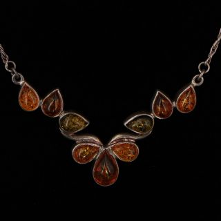 Vtg Sterling Silver - Baltic Amber Cluster Pendant 18 " Chain Link Necklace - 13g