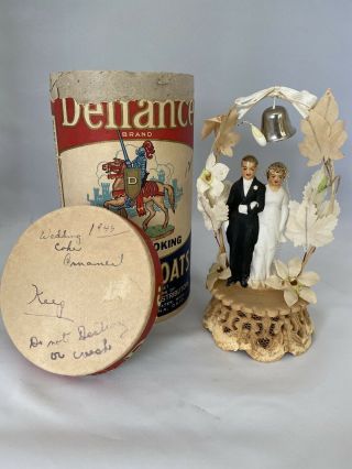 Vintage Plaster Bride & Groom Wedding Cake Topper In Defiance Rolled Oats Box