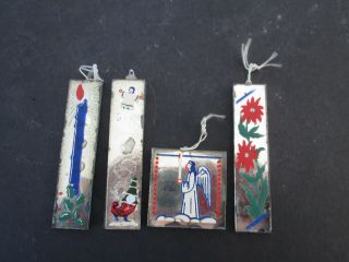 Set Of 4 Vintage 1940s Mirrorettes Hand Painted Mirror Christmas Ornaments 5313