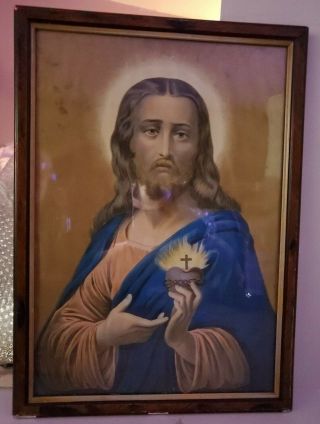 Vintage Large Framed Sacred Heart Of Jesus Print Religious Picture 21.  5 " X15.  5 "