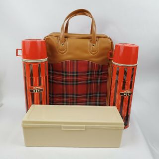Picnic Set Red Plaid Carry Case 2 Picnic Sz Vacuum Bottles Sandwich Food Box Vtg