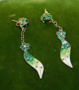Dainty Vintage Silver Gilt Green Enamel Cloisonne Long Dangle Earrings 3a 57