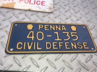 Vintage Pa Penna Pennsylvania Civil Defense License Plate 40 - 135 Rare Tag