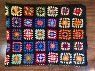 Vintage Crocheted Afghan Granny Squares Black Multicolor Afghan Blanket Throw