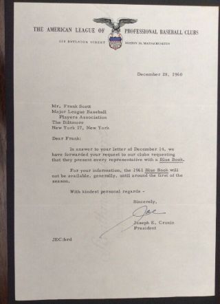 Joe Cronin Signed Letter 1960 Hof