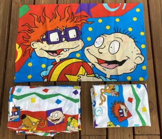 Rugrats Vintage Sheet Set Flat Fitted Sheets & Pillow Case Twin Size Fabric 90 