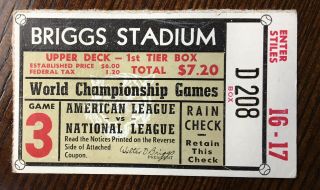 1945 Detroit Tigers World Series Ticket Stub Game 3 Vg/ Briggs Stadium