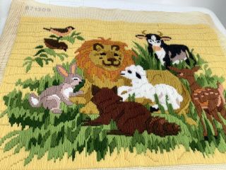Vtg The Lion And The Lamb Needlepoint Finished Ready To Be Framed 12 " X15 "