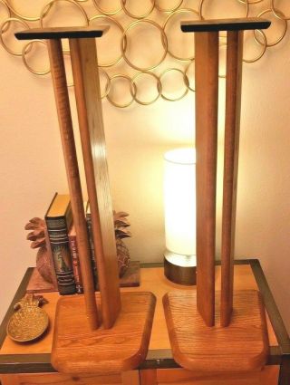 Vintage Solid Wood Oak Satellite Bookshelf Size Speaker Stands Pair 26 " Tall