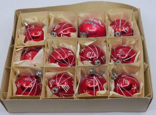 12 Vintage Glass Red Christmas Ball Ornaments With Applied Decoration