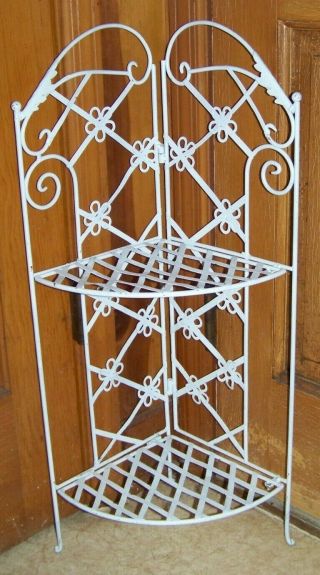 Vtg.  Wrought Iron Metal Corner Plant Stand - 2 - Tiered - Floral Motif - - Folds Flat