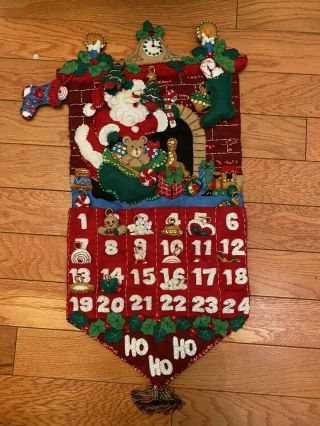 Vintage Christmas Calender Fabric Pockets Wall Hanging Stick And Stay