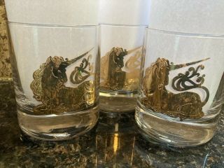 Vintage Culver Gold Unicorn Bar/drinking Glass Lowball Barware Mcm Art Set Of 3