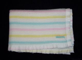 Flaw Vtg Beacon Baby Open Weave Crib Blanket Acrylic Trim Pastel Stripe 1675