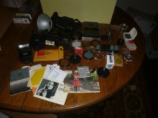 Vtg Box Of Camera Equipment Flash,  Filters,  Lens,  Shutter Release Cables Etc