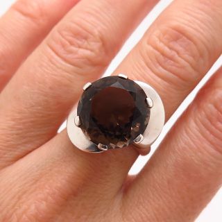 925 Sterling Silver Vintage Mexico Real Smoky Quartz Modernist Ring Size 6.  5