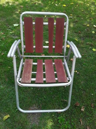 Vintage Folding Aluminum Red Wood Slat Lawn Chair.
