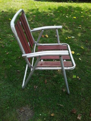 Vintage Folding Aluminum Red Wood Slat Lawn Chair. 2