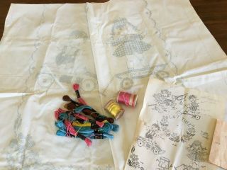 Vintage Progress Baby Quilt Kit Stamped To Embroider Stitch W/ Floss Playtime
