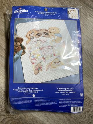 Vintage Bucilla Stamped Crib Cover 40780 Welcome Baby Cross Stitch Kit W/ Floss