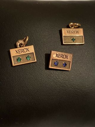 3 Vintage Xerox 10k Gf Service Award Pins W/ Green And Blue Stones